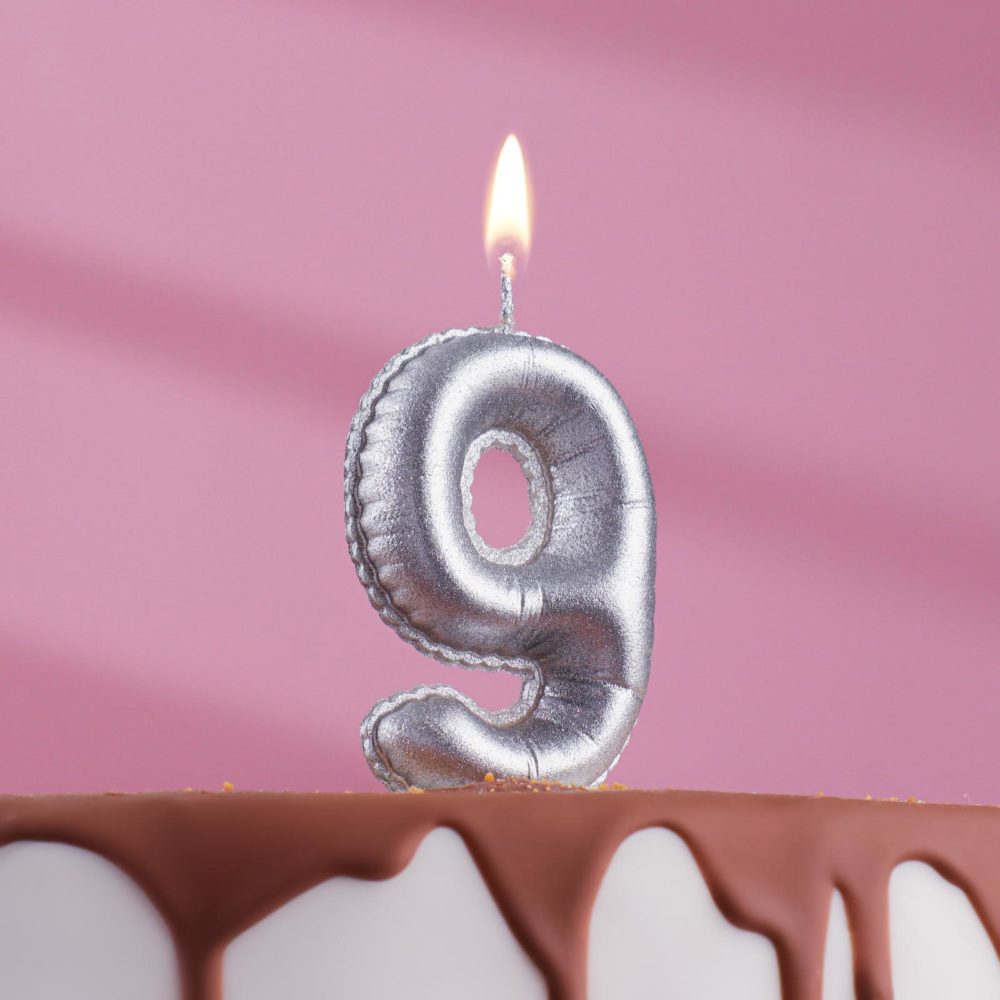 Свеча в торт "Шары" цифра 9, серебро