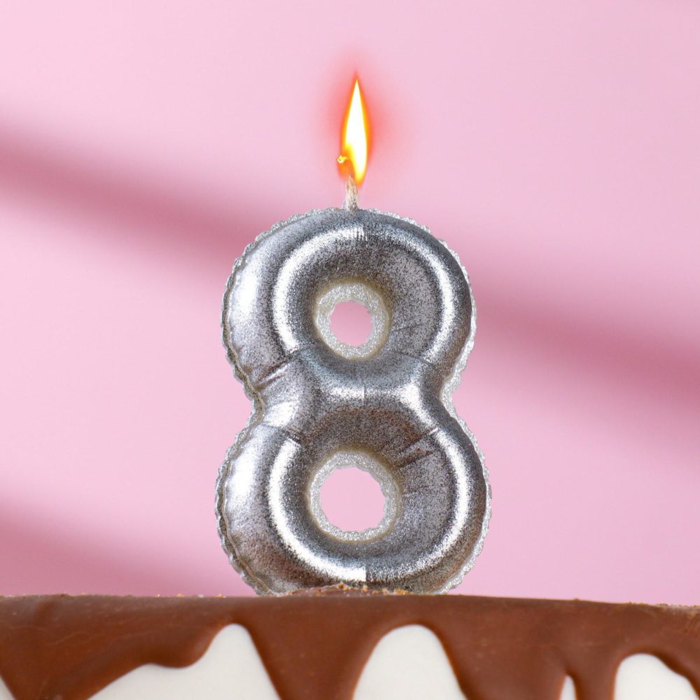 Свеча в торт "Шары" цифра 8, серебро