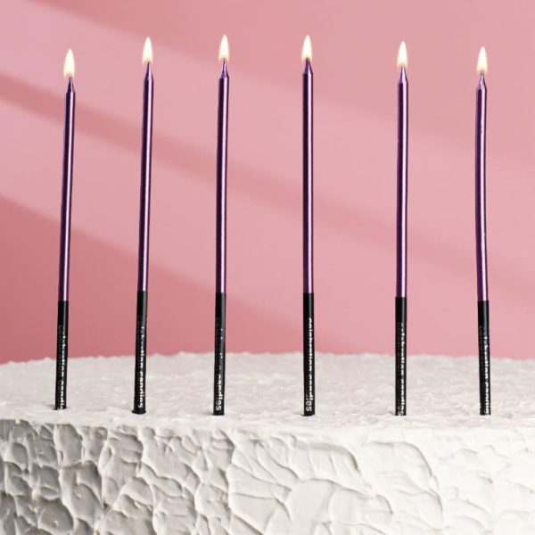 Свечи в торт "Праздник", 6 шт, 16 см, фиолетовый с черным