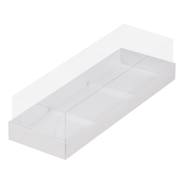 Коробка под муссовые пирожные с пластиковой крышкой 260*85*60мм (белая) на 3 шт.