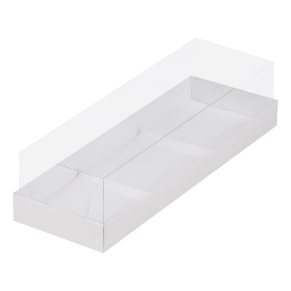 Коробка под муссовые пирожные с пластиковой крышкой 260*85*60мм (белая) на 3 шт.