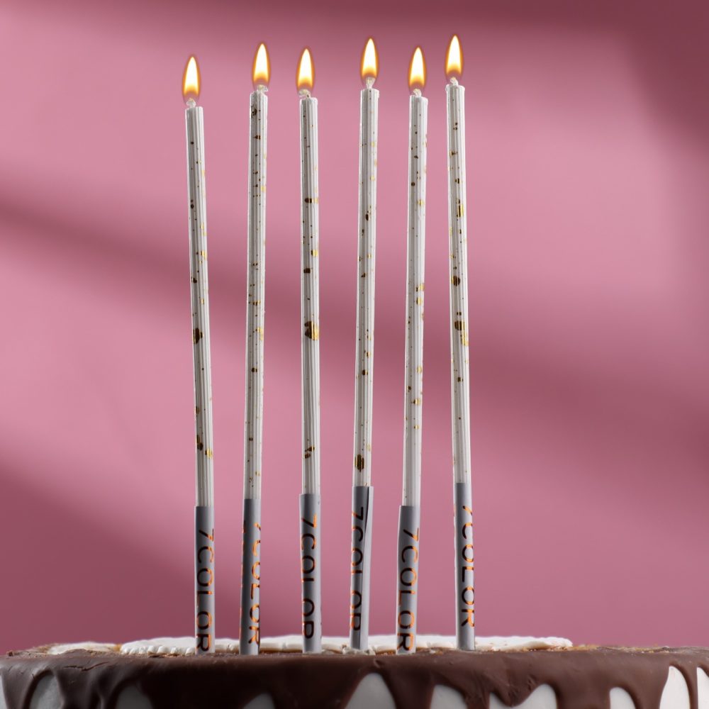 Свечи в торт белые с золотом, 16см, 6 штук