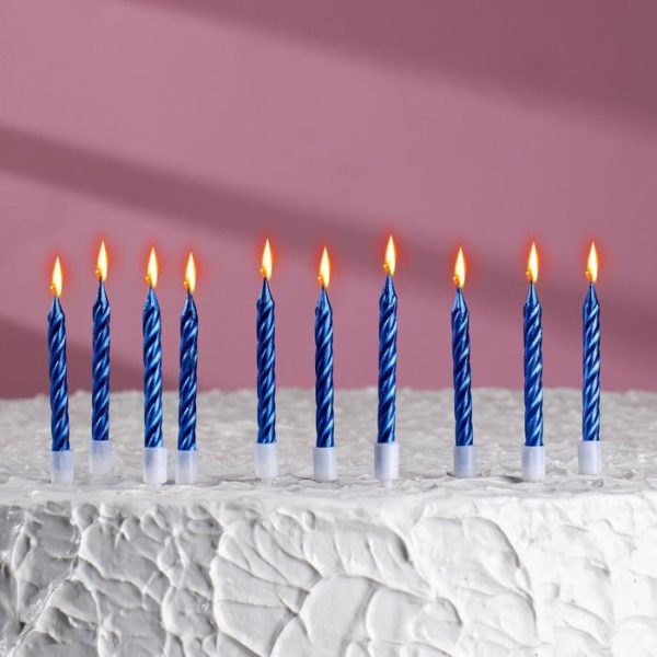 Свечи в бенто-торт "Спираль", 10 шт, средние, 7 см, синие