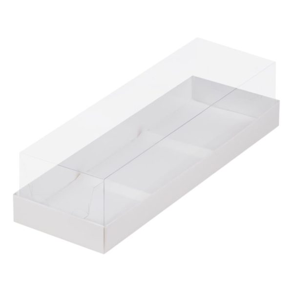 Коробка под муссовые пирожные с пластиковой крышкой 290*95*80мм (белая) на 3 шт.