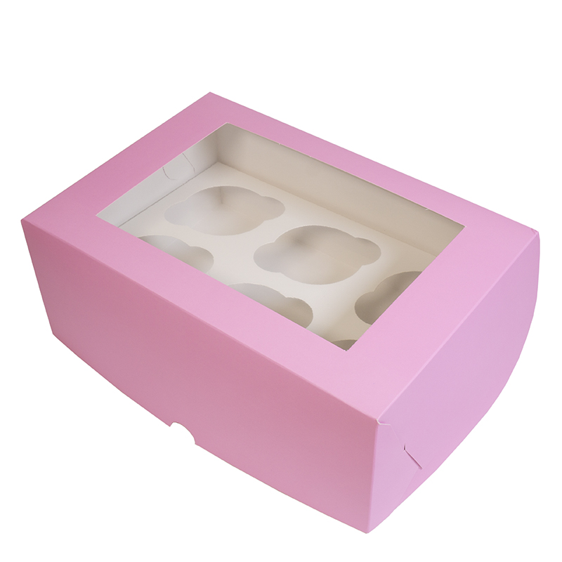 Коробка на 6 капкейков с ОКНОМ (розовая матовая)