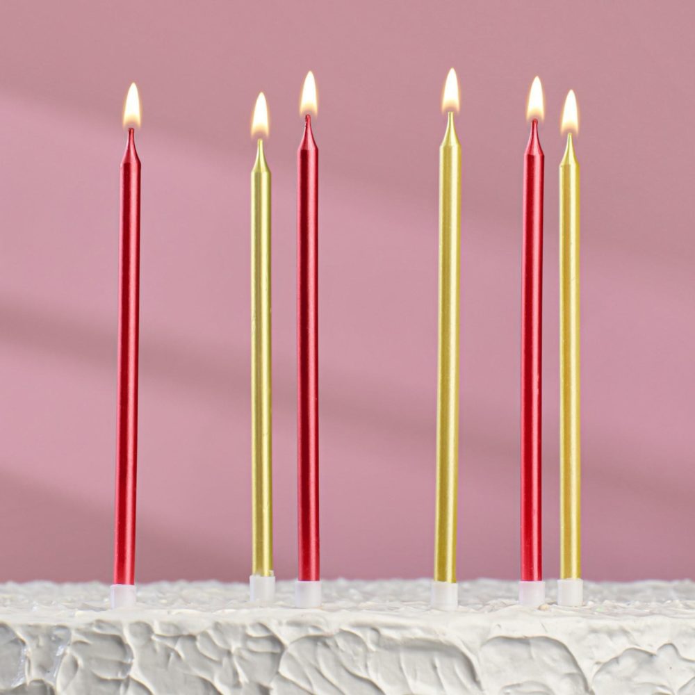 Свечи в торт высокие, Бордовые-золото,  металлик ( набор 6шт) 13см