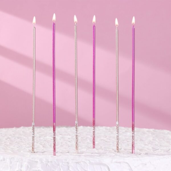 Набор свечей в торт, 6 штук "Happy", 17 см, розовый с металликом