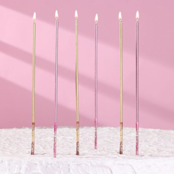 Набор свечей в торт, 6 штук "Happy", 17 см, золотой с розовым