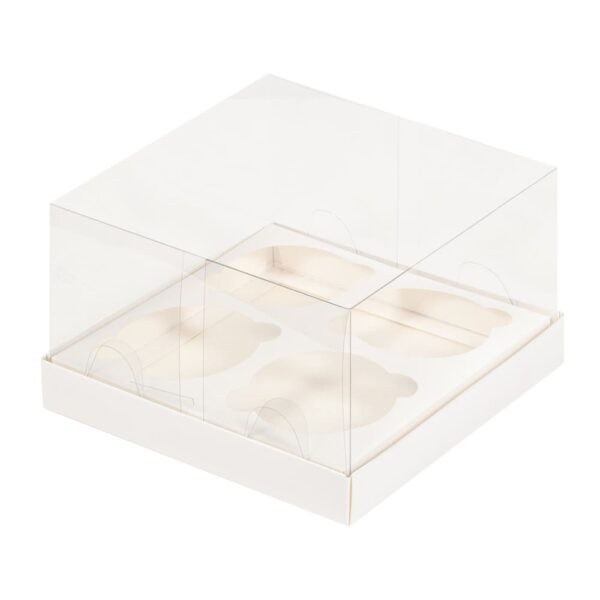 Коробка на 4 капкейка ПРЕМИУМ с прозрачным куполом (белая) (3ч)
