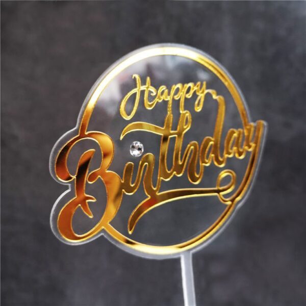 Топпер с алмазом «Happy Birthday»(прозрачный с золотой надписью)