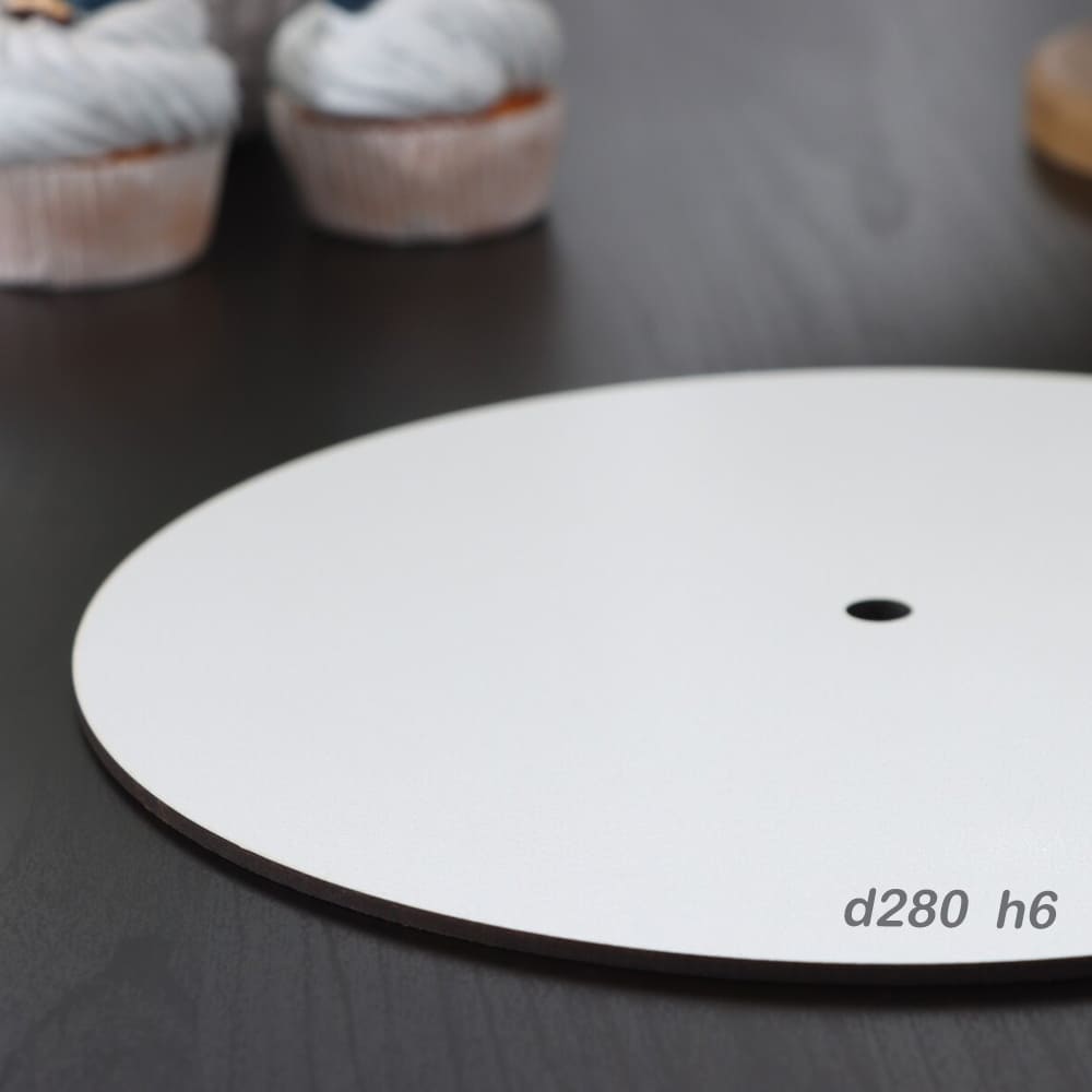 Подложка деревянная МДФ d280мм h6 с отверстием 10мм белая Подложка деревянная МДФ d280мм h6 с отверстием 10мм белая